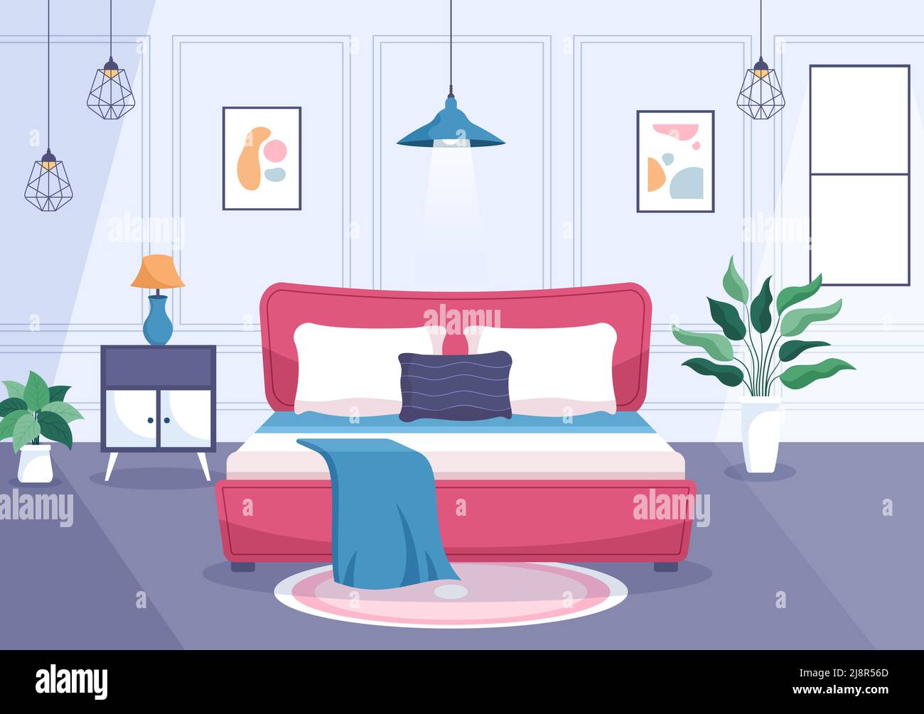 Intérieur confortable de chambre avec des meubles comme lit, armoire, table de chevet, vase, lustre de style moderne dans dessin vectoriel de dessin animé Illustration de Vecteur