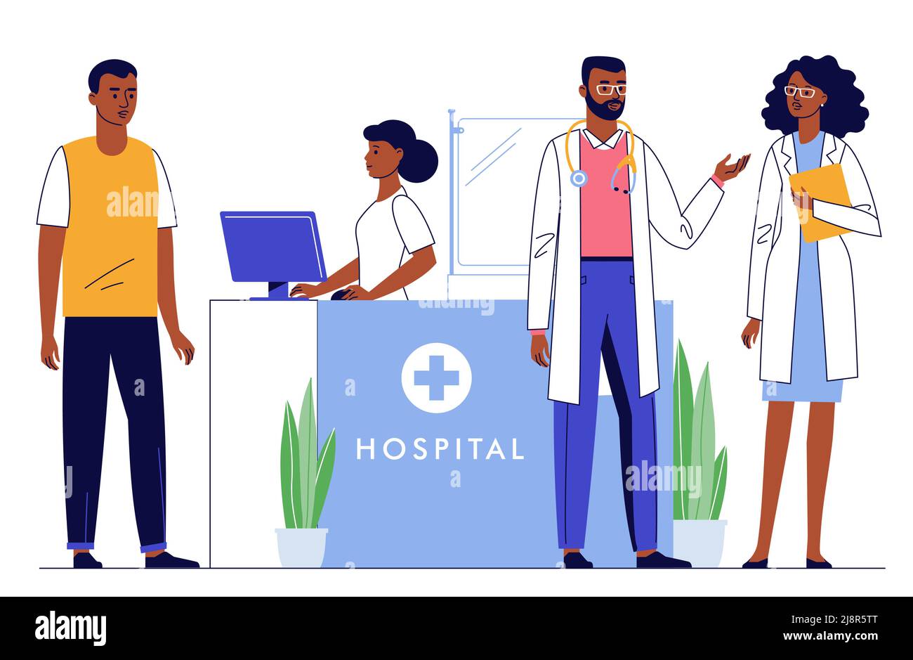Concept de médecine avec médecins noirs et patient sur fond de salle d'hôpital Illustration de Vecteur