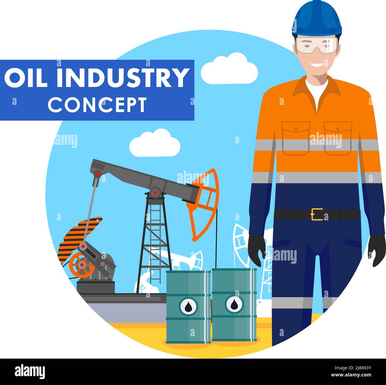 Illustration détaillée de l'ouvrier, de la pompe à huile et des barils de carburant à plat sur fond bleu. Illustration de Vecteur
