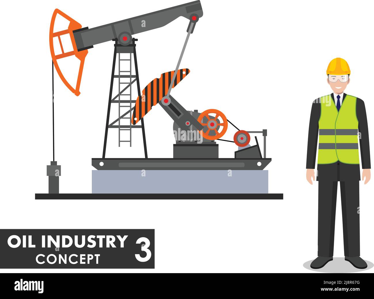 Illustration détaillée d'un homme d'affaires, d'un ingénieur et d'une pompe à huile de style plat sur fond blanc. Illustration de Vecteur