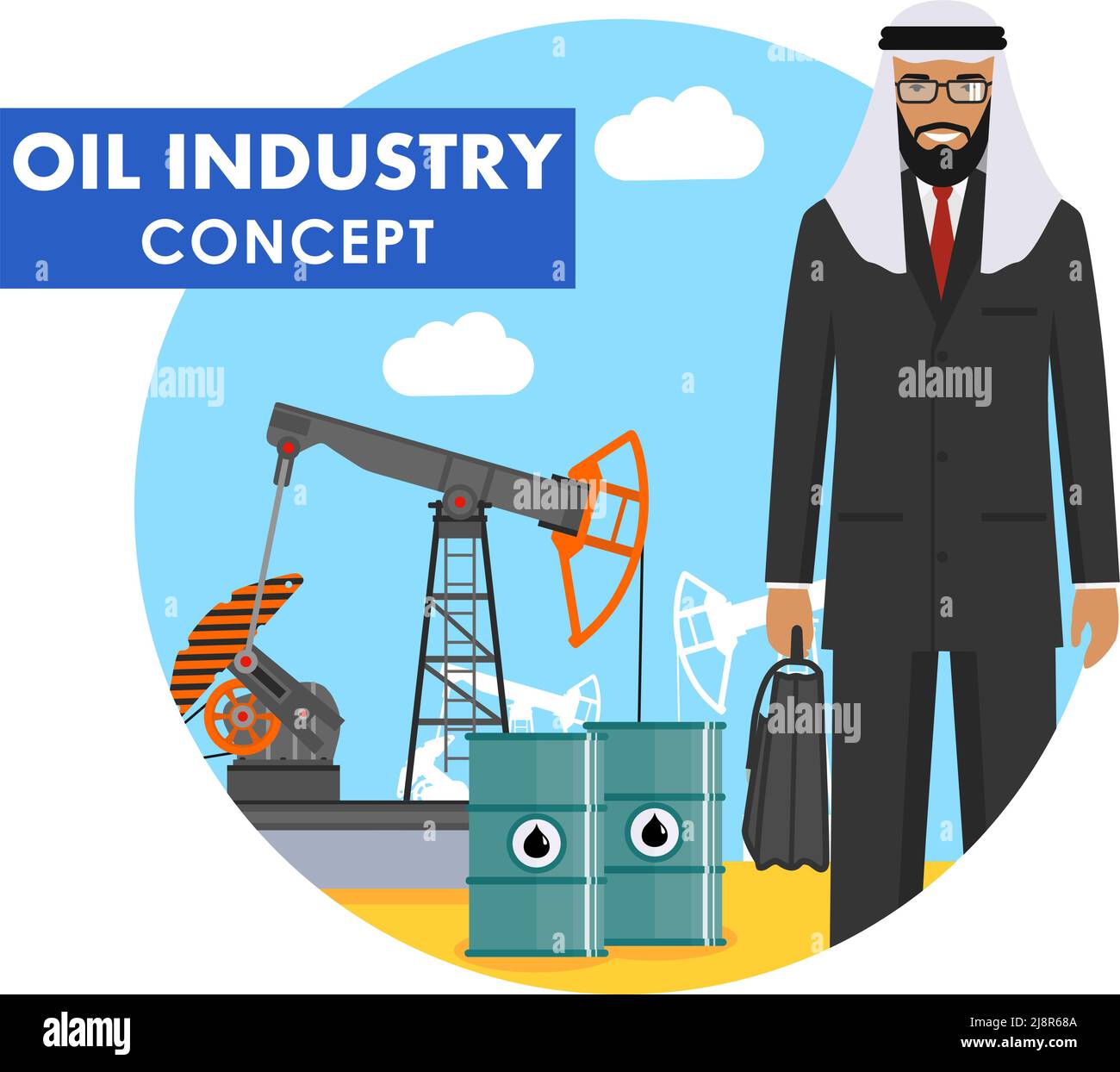 Illustration détaillée d'un homme d'affaires arabe musulman, d'une pompe à huile et de barils de carburant de style plat sur fond bleu. Illustration de Vecteur
