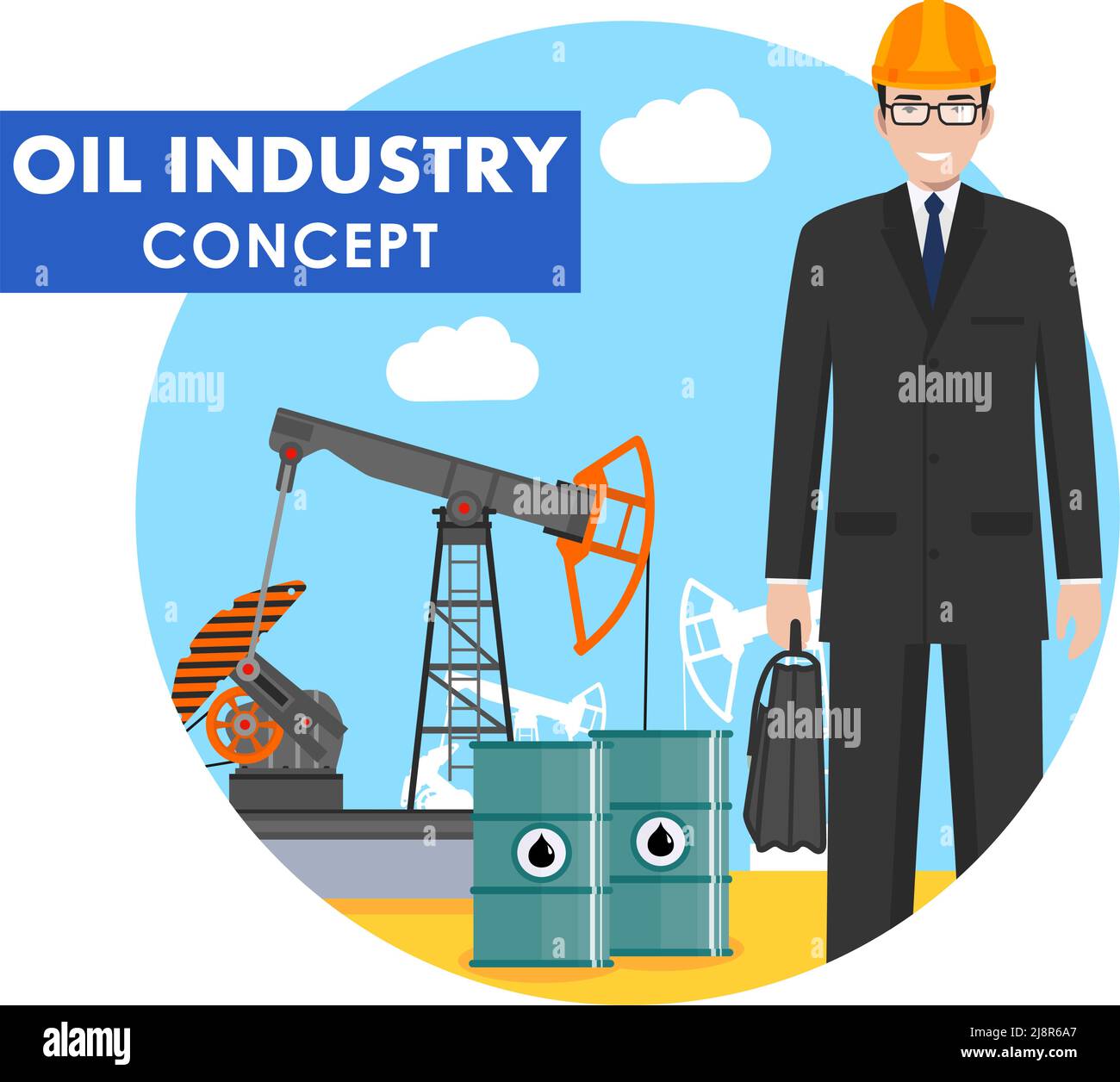 Illustration détaillée d'un ingénieur, d'un homme d'affaires, d'une pompe à huile et de barils de carburant de style plat sur fond bleu. Illustration vectorielle. Illustration de Vecteur