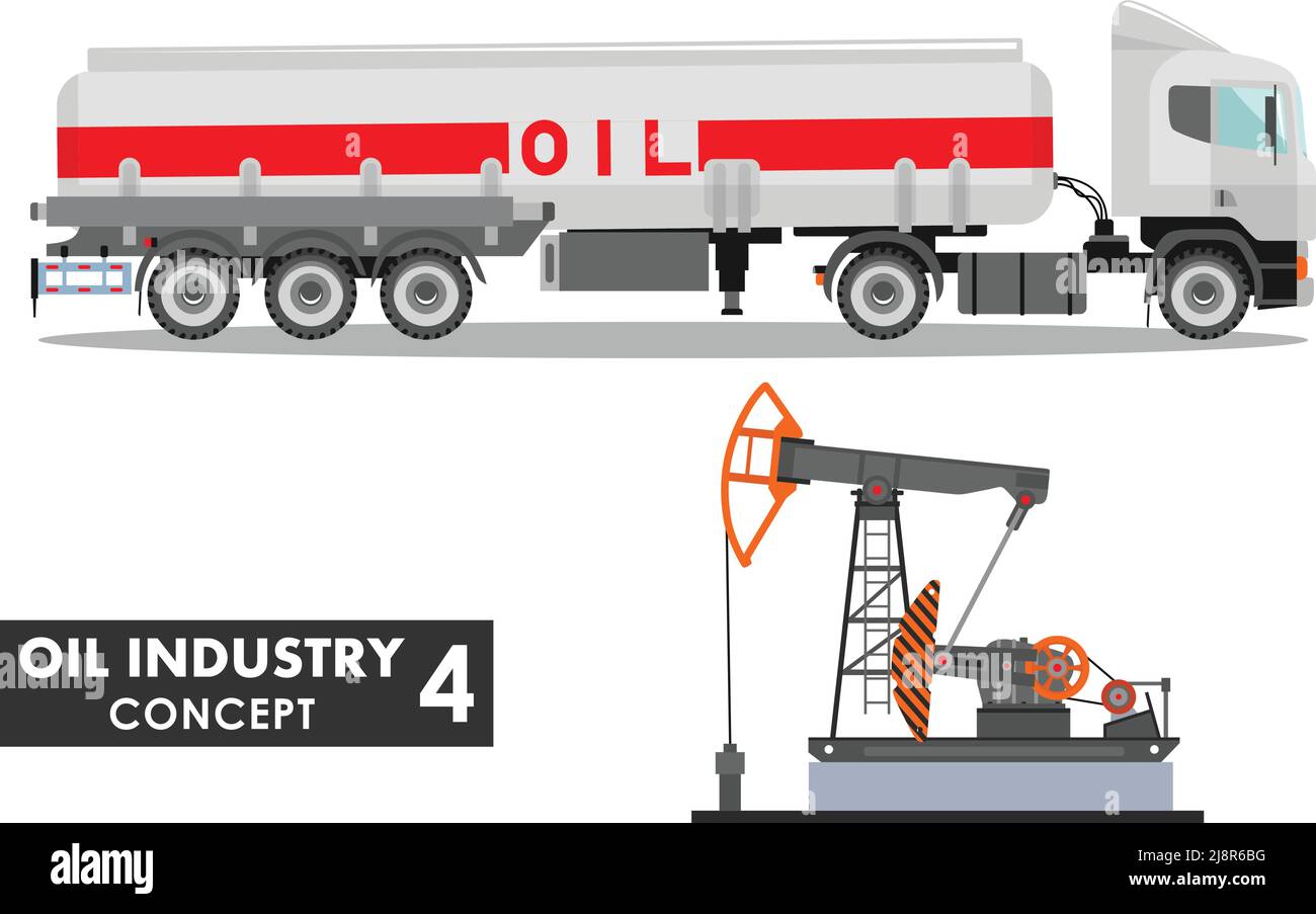 Illustration détaillée d'un camion à essence et d'une pompe à huile de style plat sur fond blanc. Illustration de Vecteur