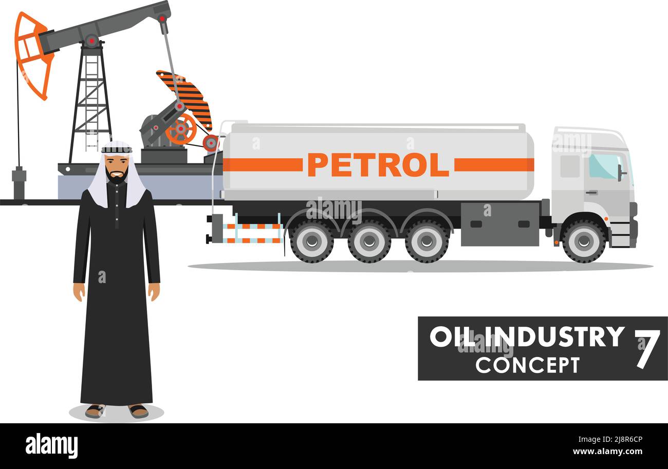 Illustration détaillée d'un camion à essence, d'une pompe à huile et d'un homme arabe de style plat sur fond blanc. Illustration de Vecteur