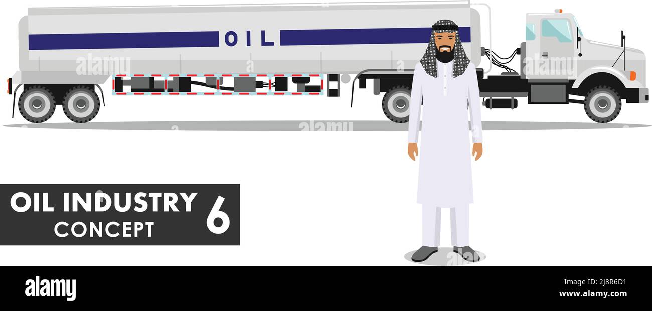 Illustration détaillée d'un camion à essence et d'un homme arabe de style plat sur fond blanc. Illustration de Vecteur
