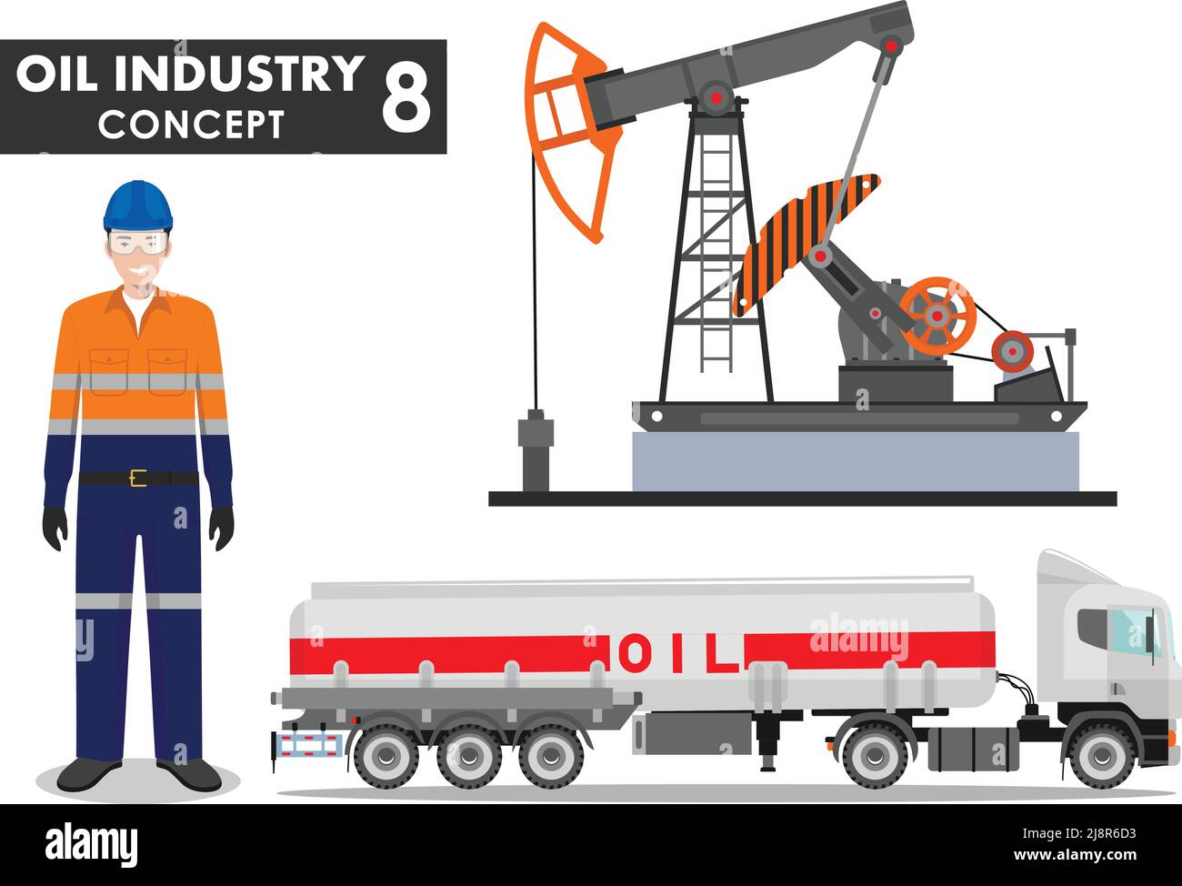 Illustration détaillée d'un camion à essence, d'une pompe à huile et d'un ouvrier de style plat sur fond blanc. Illustration de Vecteur