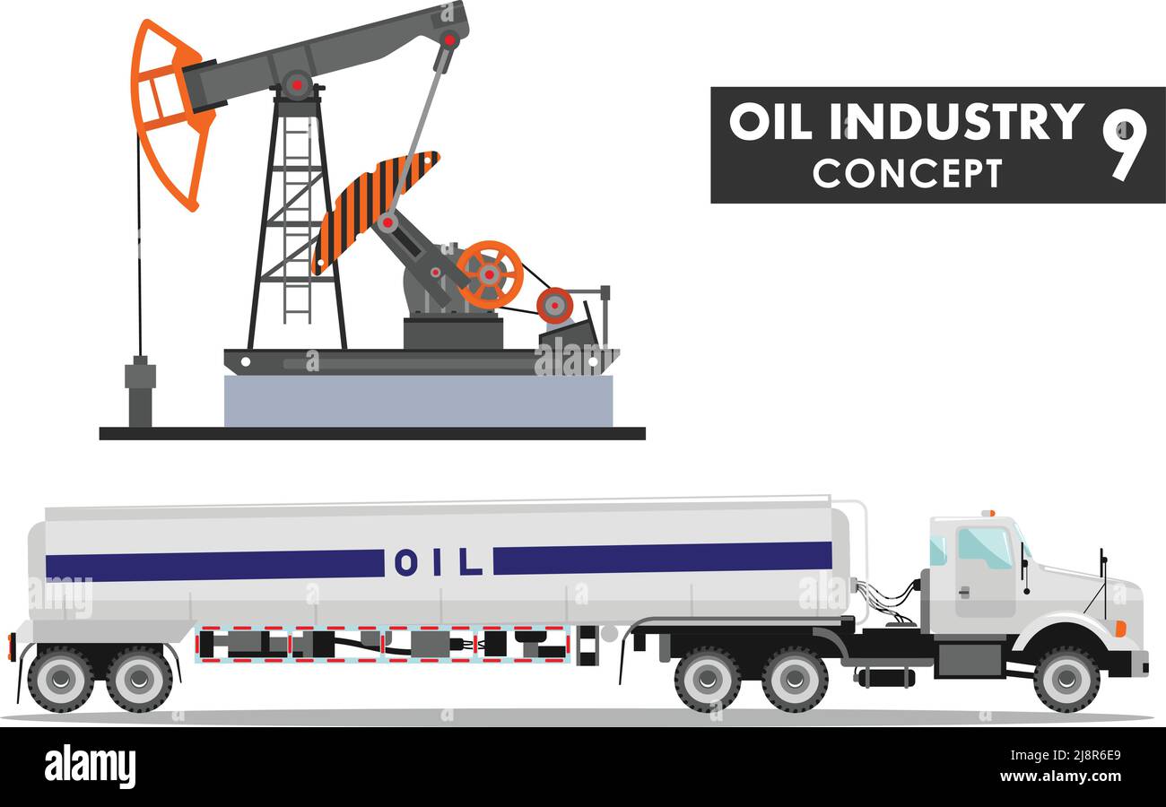 Illustration détaillée d'un camion à essence et d'une pompe à huile de style plat sur fond blanc. Illustration de Vecteur