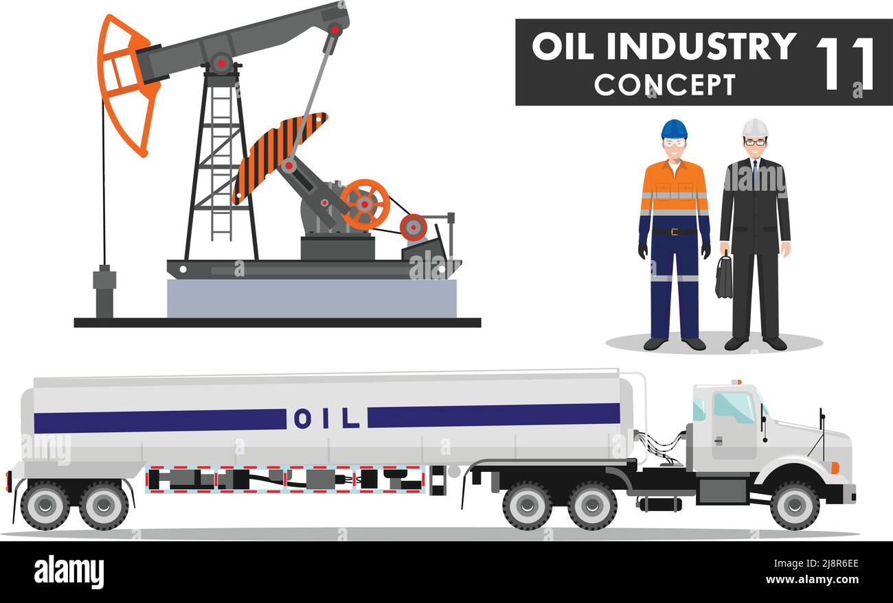 Illustration détaillée de l'homme d'affaires, de l'ingénieur, du camion à essence, de la pompe à huile et du travailleur sur fond blanc. Illustration de Vecteur