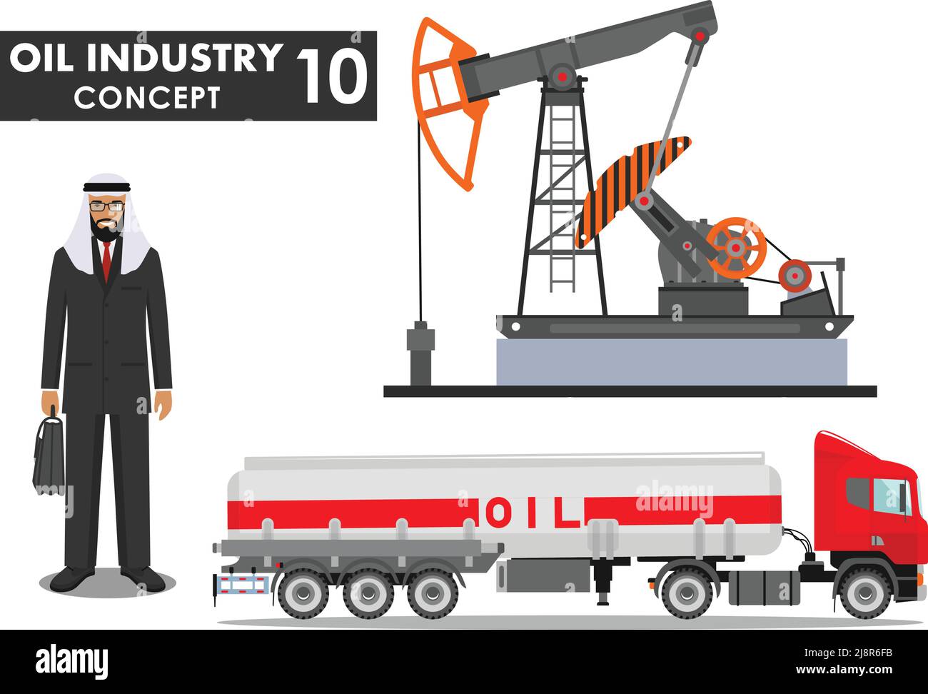 Illustration détaillée d'un camion à essence, d'une pompe à huile et d'un homme arabe de style plat sur fond blanc. Illustration de Vecteur