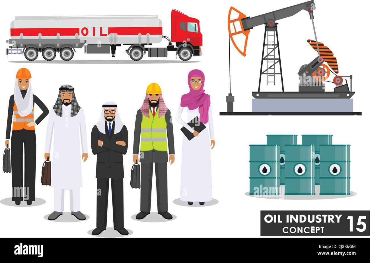 Illustration détaillée d'un camion à essence, d'une pompe à huile et d'un groupe de personnes arabes musulmanes d'affaires de style plat sur fond blanc. Illustration de Vecteur
