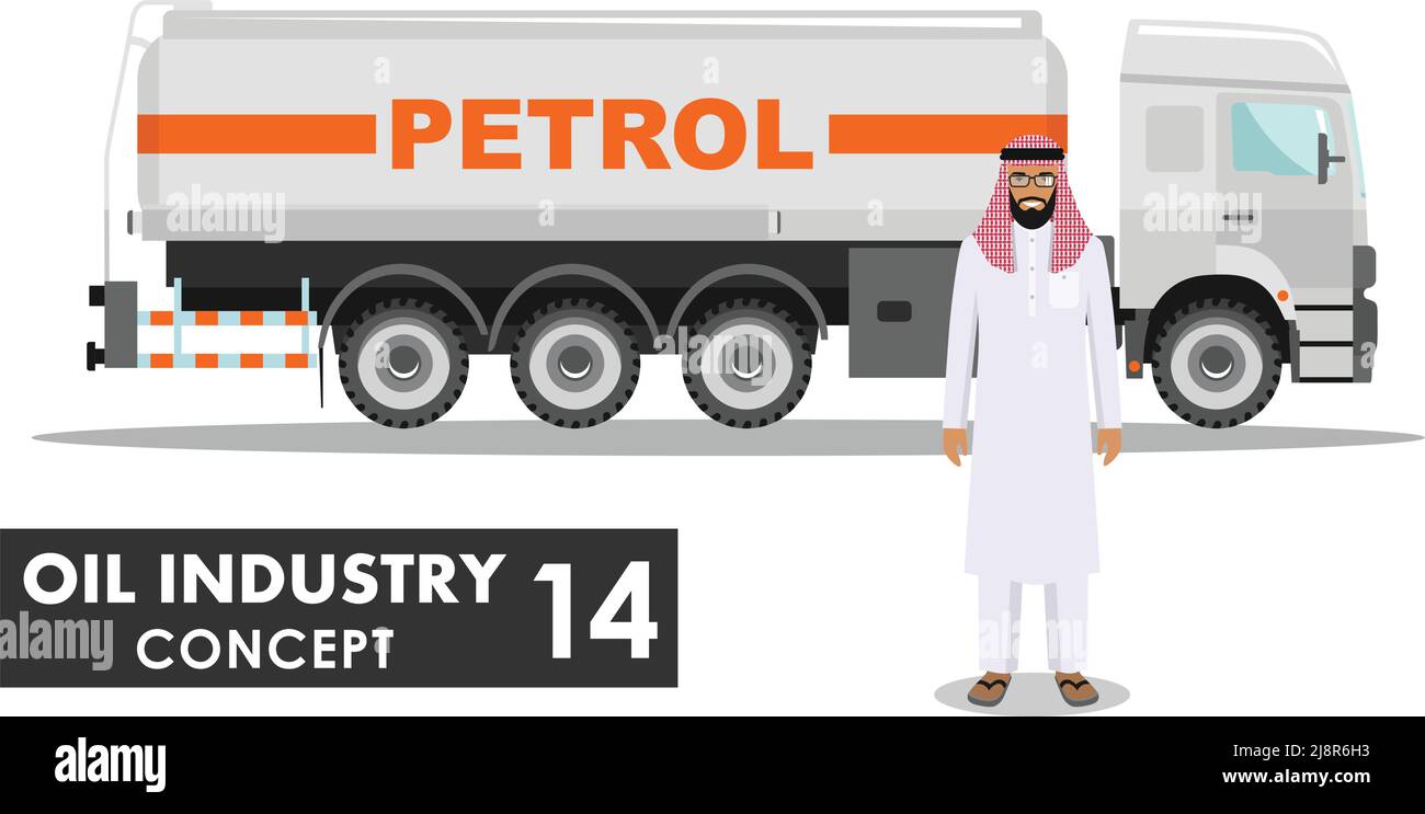 Illustration détaillée d'un camion à essence et d'un homme arabe de style plat sur fond blanc. Illustration de Vecteur