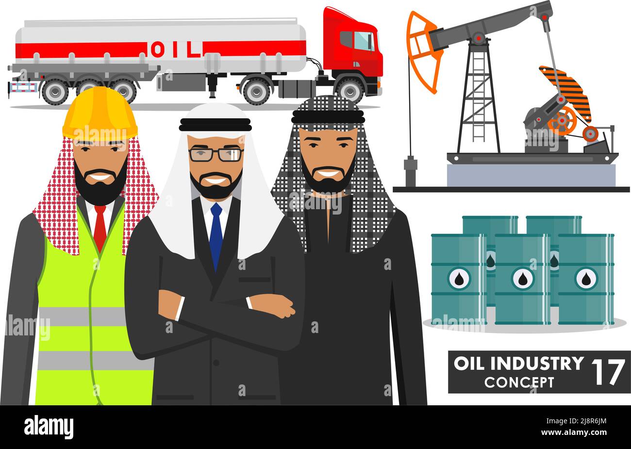 Illustration détaillée d'un camion à essence, d'une pompe à huile, de barils et d'un groupe arabe musulman d'affaires de style plat sur fond blanc. Illustration de Vecteur