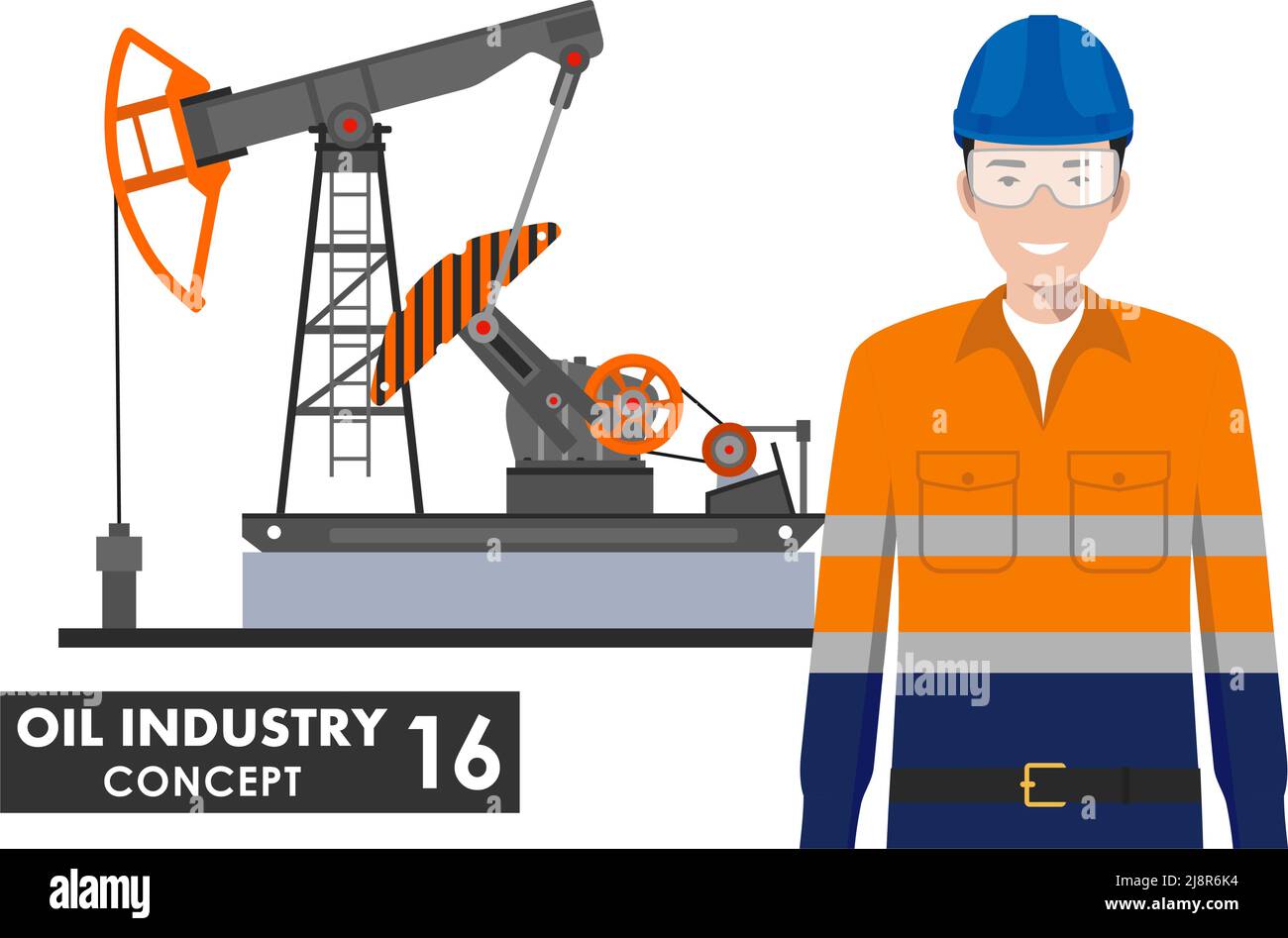 Illustration détaillée de la pompe à huile et de l'ouvrier de manière plate sur fond blanc. Illustration de Vecteur