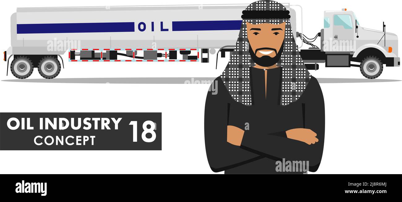 Illustration détaillée d'un camion à essence et d'un homme arabe de style plat sur fond blanc. Illustration de Vecteur