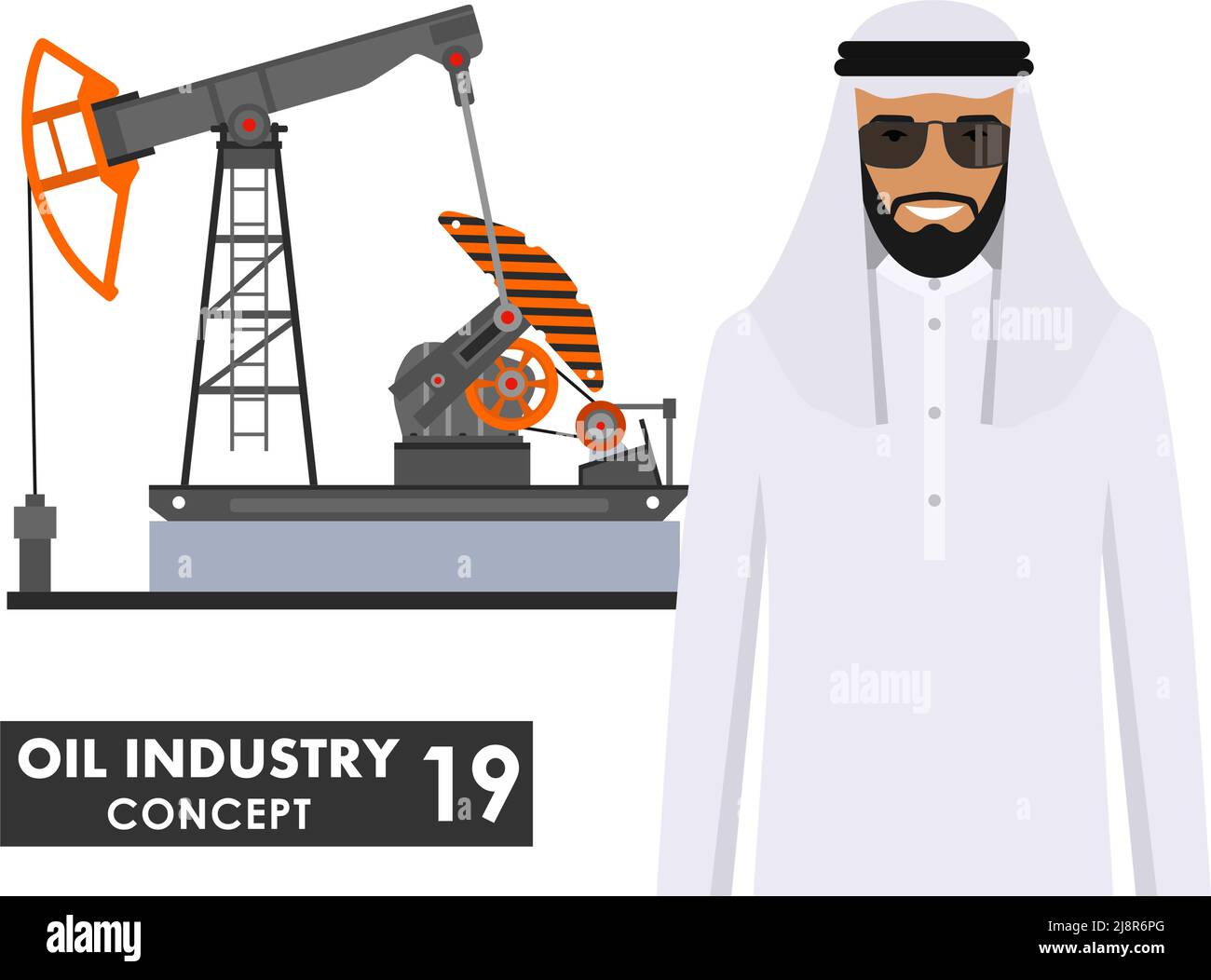 Illustration détaillée de l'homme arabe musulman et de la pompe à huile de style plat sur fond blanc. Illustration de Vecteur