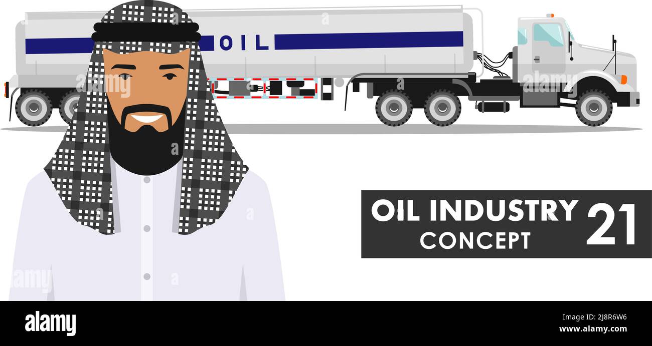 Illustration détaillée d'un camion à essence et d'un homme arabe de style plat sur fond blanc. Illustration de Vecteur