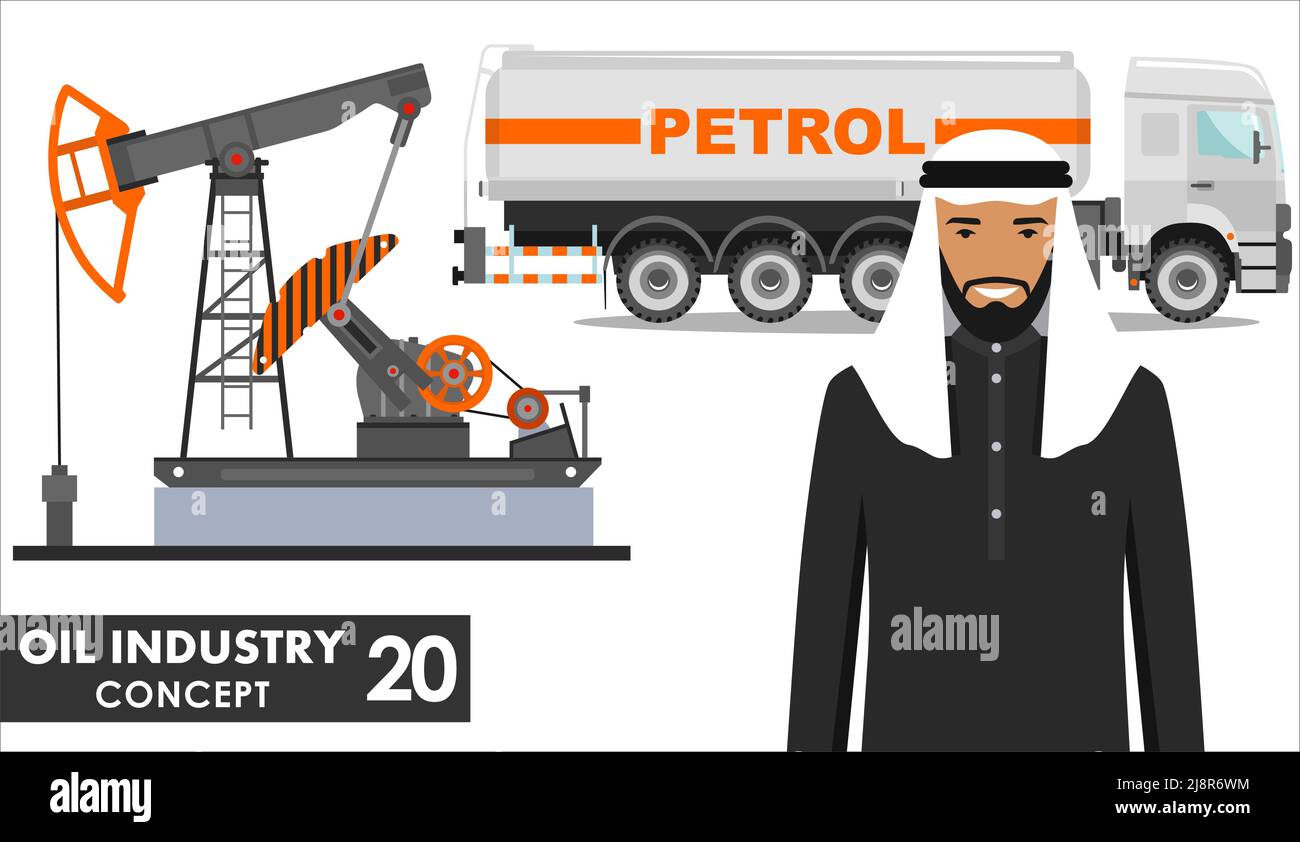 Illustration détaillée d'un camion à essence, d'une pompe à huile et d'hommes d'affaires arabes musulmans de style plat sur fond blanc. Illustration de Vecteur