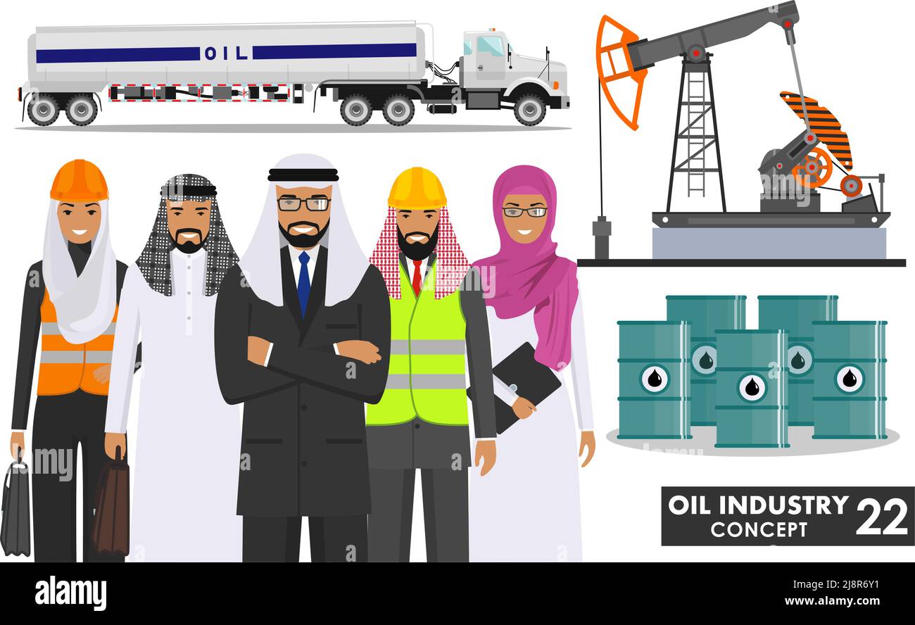 Illustration détaillée d'un camion à essence, d'une pompe à huile, de fûts métalliques et de groupes arabes musulmans d'affaires de style plat sur fond blanc. Illustration de Vecteur