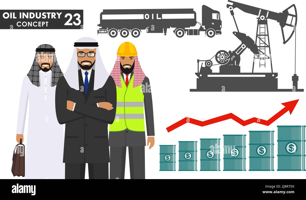 Concept de l'industrie pétrolière. Illustration d'un homme d'affaires arabe musulman, d'un ingénieur et d'une silhouette de camion à essence, d'une pompe à huile de style plat sur fond blanc. Animaux de compagnie Illustration de Vecteur