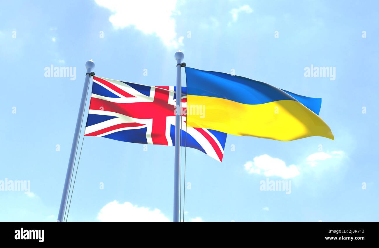 Ukraine et Royaume-Uni, deux drapeaux agitant contre le ciel bleu. 3d image Banque D'Images