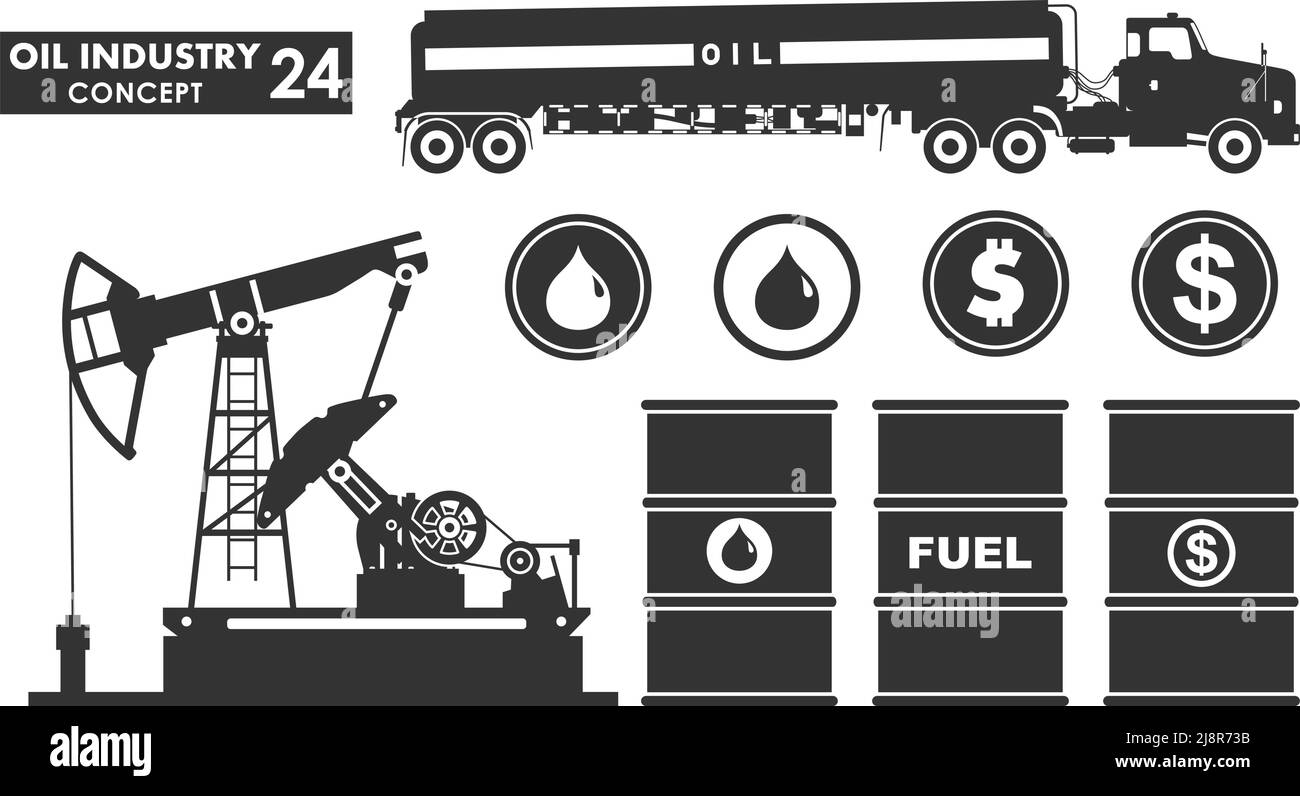 Concept de l'industrie pétrolière. Silhouettes de camion à essence, pompe à huile de style plat. Baril de pétrole avec dollar et baisse signe. Illustration vectorielle. Illustration de Vecteur