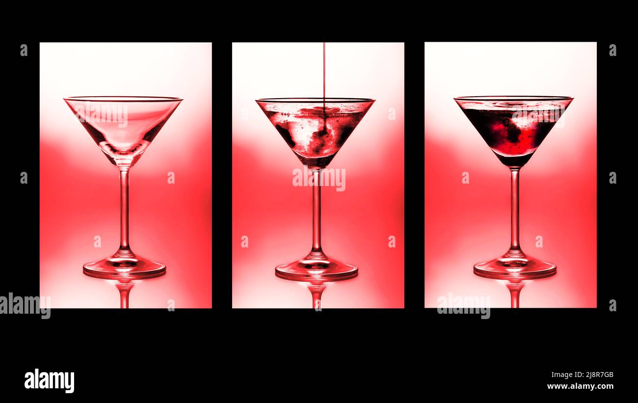 Cocktail triptyque. Trois verres montrant les étapes de versement d'un  cocktail Photo Stock - Alamy