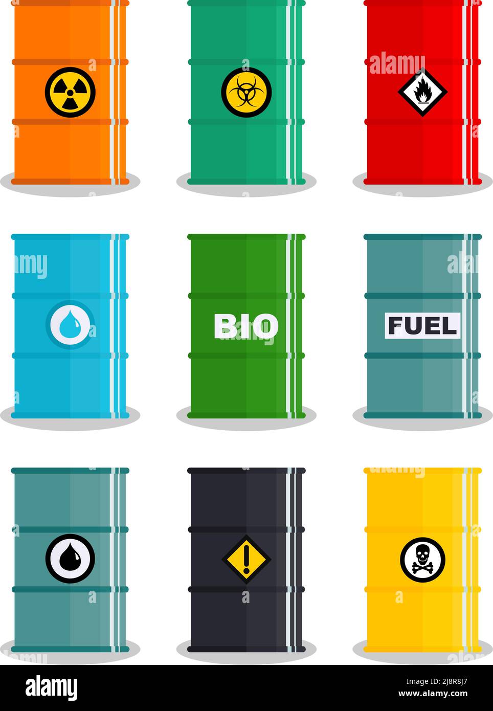Concept de l'industrie. Jeu d'illustrations différentes silhouettes baril pour différents liquides: Eau, huile, biocarburant, explosif, chimique, radioactif, toxique, Illustration de Vecteur