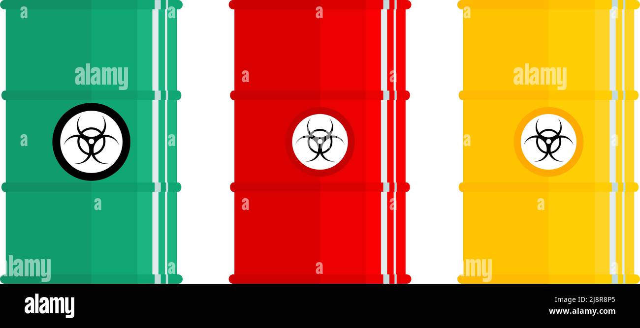 Différents fûts métalliques pour substances radioactives, toxiques, dangereuses, dangereuses, inflammables et toxiques. Illustration vectorielle Illustration de Vecteur