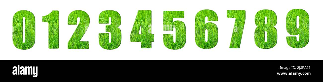 Un ensemble de chiffres de zéro à 9 avec la texture de l'herbe verte juteuse est isolé sur un fond blanc. Banque D'Images