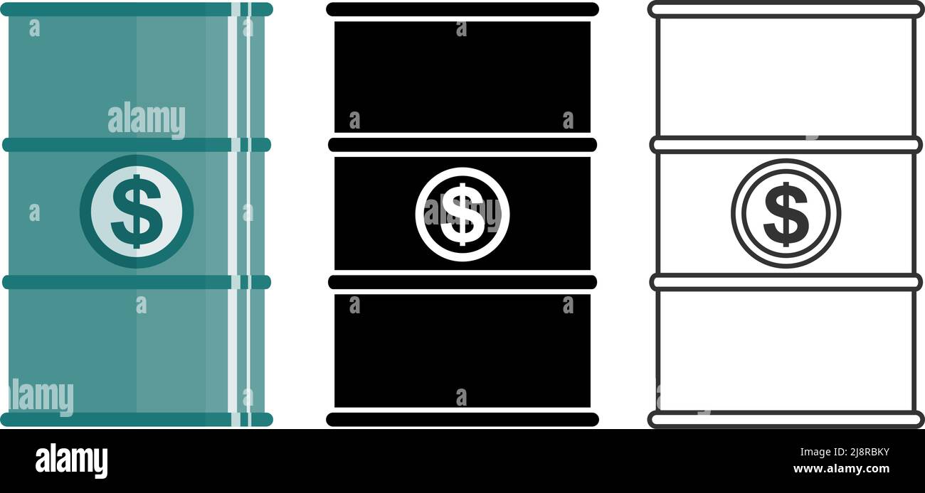 Différents fûts métalliques pour substances liquides, liquides, huiles, combustibles. Baril de pétrole avec signe dollar. Baril de pétrole avec symbole dollar. Illustrateur de vecteur Illustration de Vecteur