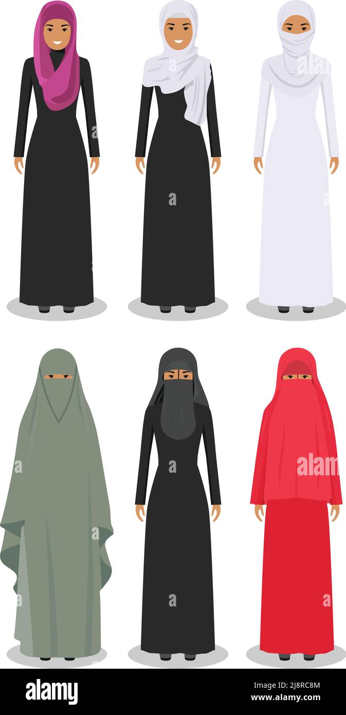 Illustration détaillée de différentes femmes arabes debout dans les vêtements traditionnels arabes musulmans nationaux isolés sur fond blanc dans un style plat. Illustration de Vecteur