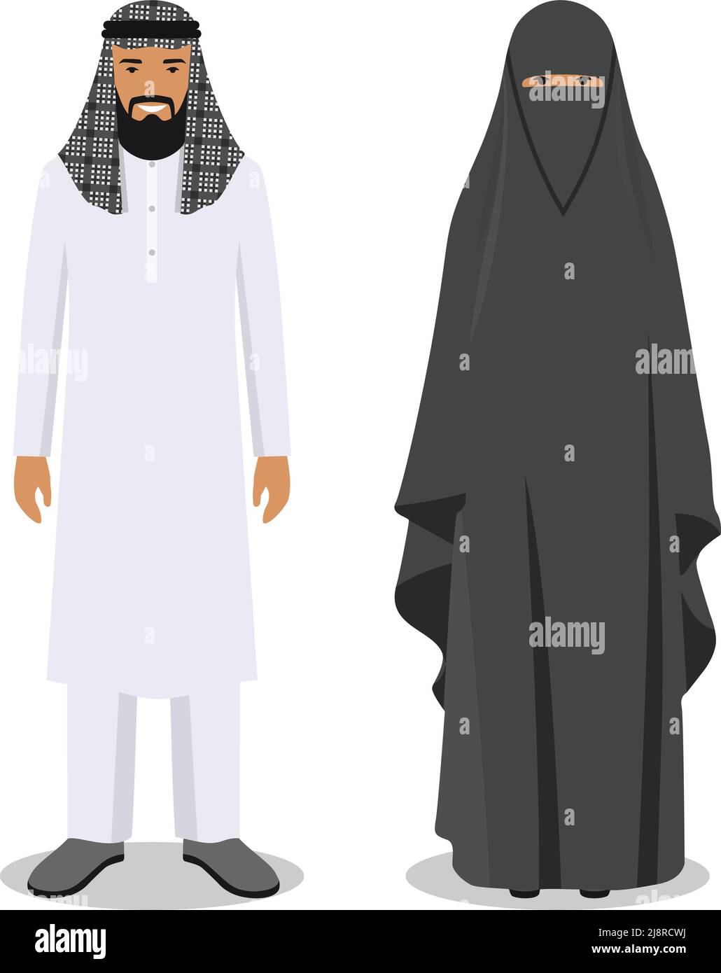 Les hommes et les femmes du peuple arabe se tenant ensemble dans des vêtements traditionnels islamiques de style plat sur fond blanc. Concept social. Concept de famille. Illustration de Vecteur