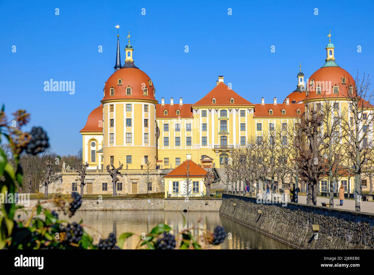 Vue pittoresque depuis le sud du palais de Moritzburg à Moritzburg près de Dresde, Saxe, Allemagne. Banque D'Images