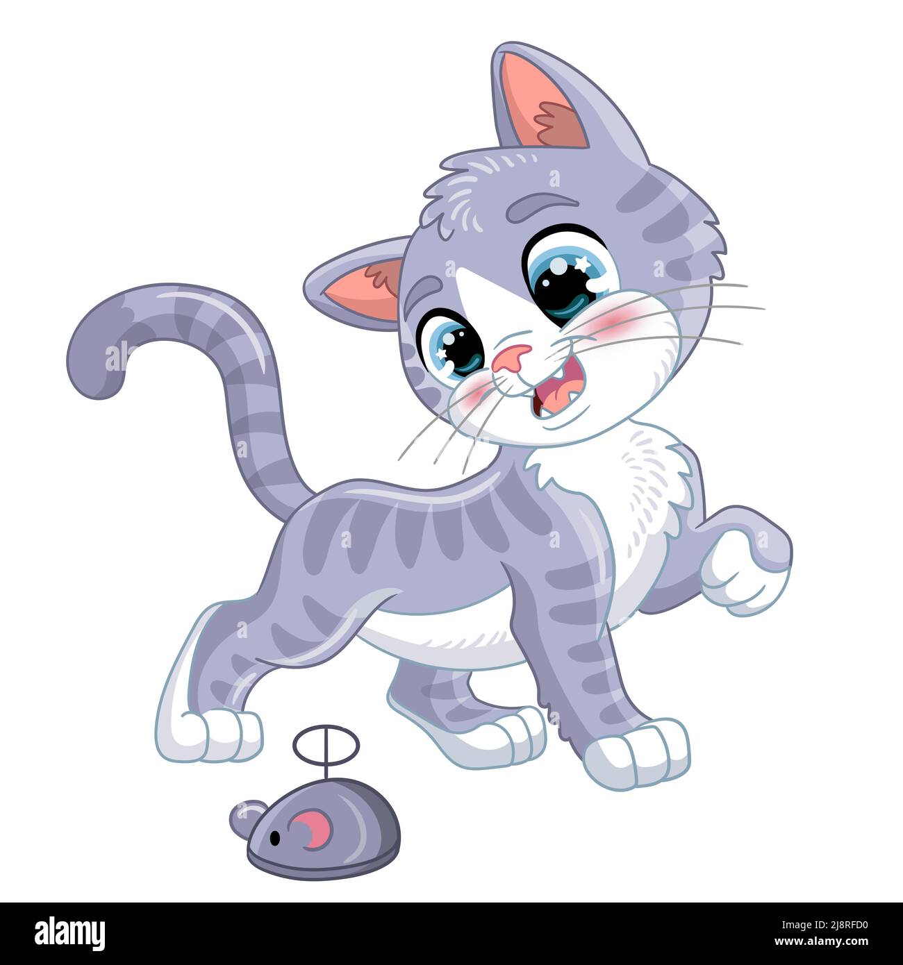 Joli chaton gris avec un jouet de souris. Personnage de dessin animé. Illustration vectorielle isolée. Design pour enfants. Pour l'impression et le design, les affiches, les cartes, les autocollants, d Illustration de Vecteur