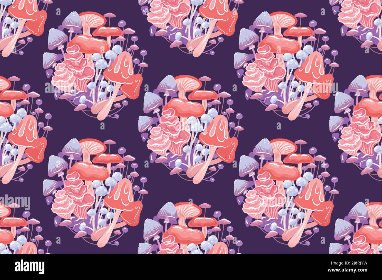 Motif sans couture avec champignons psychédéliques en bouquet sur fond violet. Texture magique vectorielle avec champignon naturel au néon sur fond violet Illustration de Vecteur
