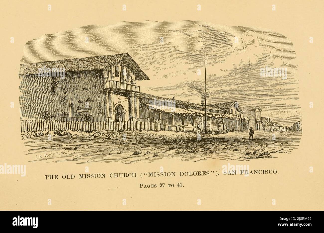 The Old Mission Church (Mission Dolores) du livre « Two Years in California » de Mary Cone, éditeur de Chicago, S.C. Griggs and Company 1876 Une résidente de Marietta, Ohio, Mary Cone a passé deux ans en Californie en 1870s. Deux ans en Californie (1876) est plus un guide qu'un récit de première personne de ses expériences en Occident. Elle traite de l'histoire, du climat, de l'agriculture et de la géographie de l'État avant de se tourner vers ses régions : le sud de la Californie (San Diego, Los Angeles, Santa Barbara), les vallées de Sacramento et de San Joaqun (avec des chapitres sur les ranchs individuels de Sacramento), le nord du Calif Banque D'Images