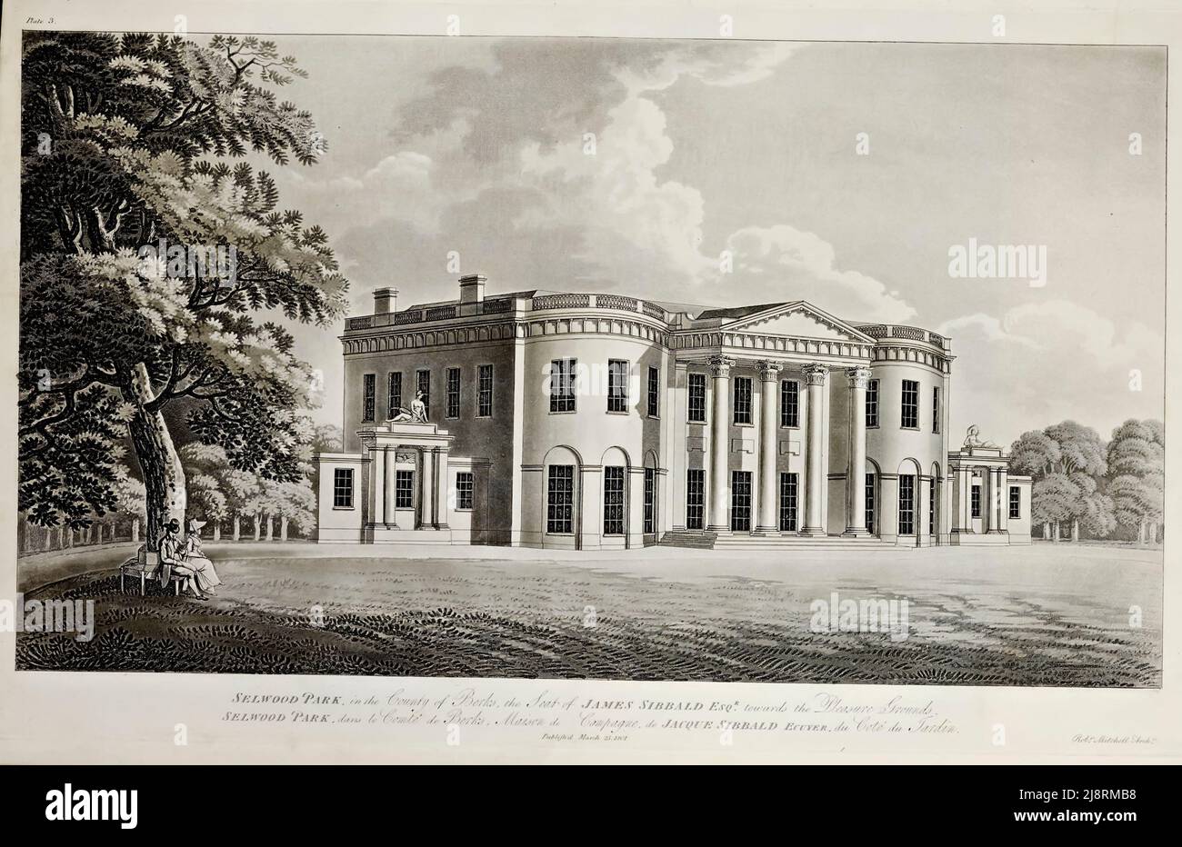 Perspective de Selwood Park (Silwood Park), dans le comté de Berkshire, le siège de James Sibbald Esqr - conçu en 1788) du livre ' plans, et vues en perspective, avec des descriptions, des bâtiments érigés en Angleterre et en Écosse : Et aussi un essai, pour élucider l'architecture grécienne, romaine et gothique : accompagné de dessins de Robert Mitchell, Date de publication 1801 Editeur Londres : imprimé, à l'Oriental Press, Wilson & Co. Pour l'auteur Banque D'Images