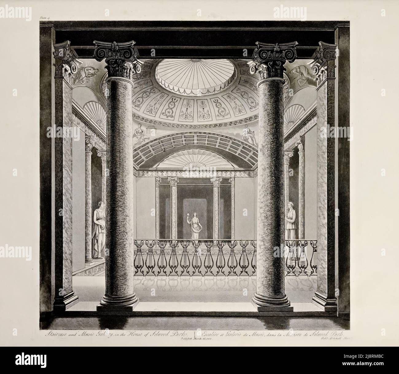 Galerie d'escalier et de musique au parc Selwood (parc Silwood), dans le comté de Berkshire, le siège de James Sibbald Esqr - conçu en 1788) du livre ' plans, et vues en perspective, avec des descriptions, des bâtiments érigés en Angleterre et en Écosse : Et aussi un essai, pour élucider l'architecture grécienne, romaine et gothique : accompagné de dessins de Robert Mitchell, Date de publication 1801 Editeur Londres : imprimé, à l'Oriental Press, Wilson & Co. Pour l'auteur Banque D'Images