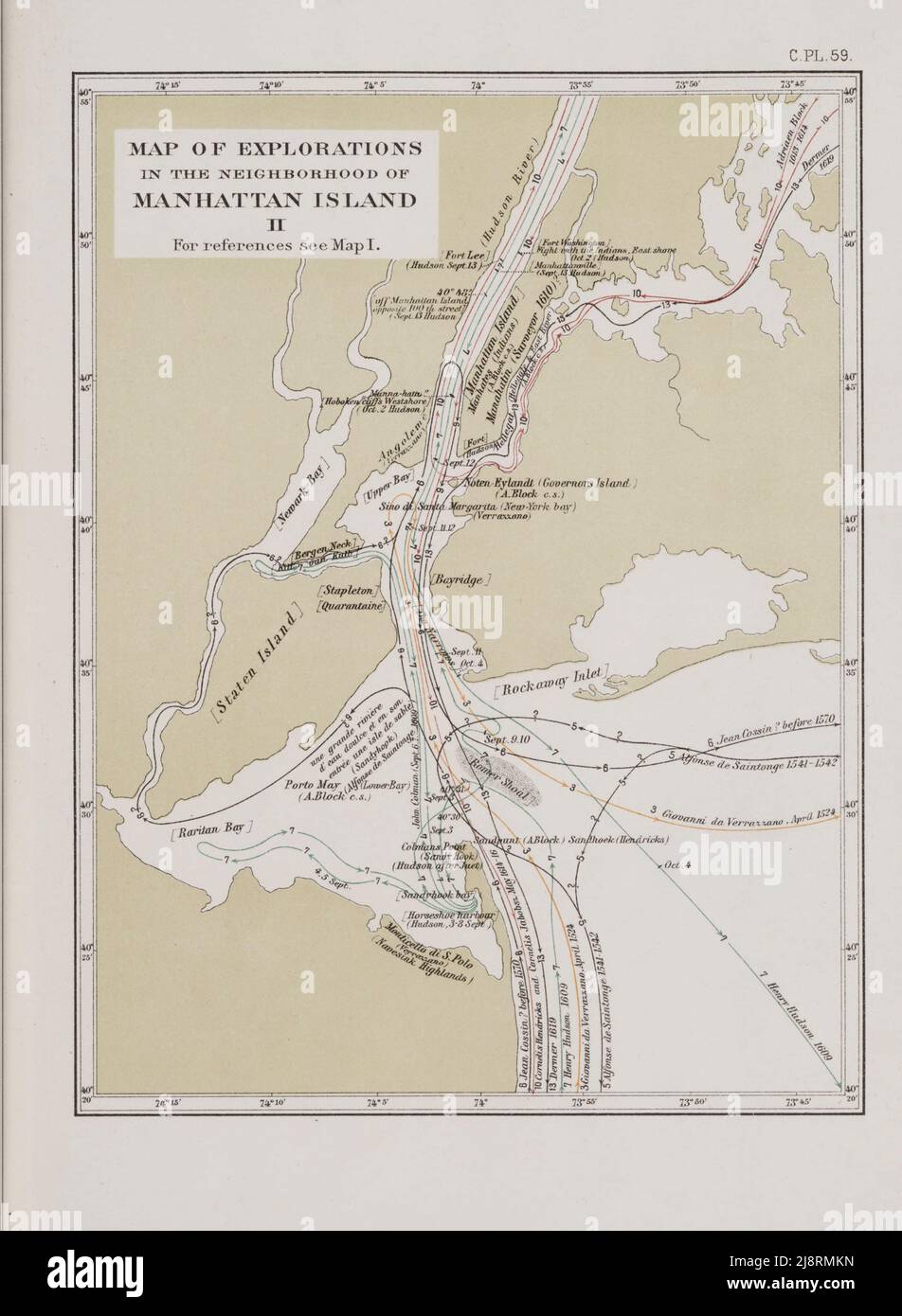 CARTE GÉNÉRALE MONTRANT LES PARCOURS DES PREMIERS EXPLORATEURS DANS LE QUARTIER DE MANHATTAN ISLAND 1498-1619 de l'iconographie de Manhattan Island, 1498-1909 compilé à partir de sources originales et illustré par photo-intaglio reproductions de cartes importantes, plans, vues, Et les documents dans les collections publiques et privées - Volume 2 par Stokes, I. N. Phelps (Isaac Newton Phelps), 1867-1944 Éditeur New York : Robert H. Dodd 1915. Incluant la cartographie : un essai sur le développement des connaissances concernant la géographie de la côte est de l'Amérique du Nord; Manhattan Island et ses environs sur les premières cartes an Banque D'Images