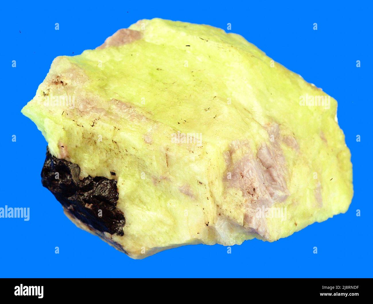 Willémite, quartz et franklinite de Franklin, New Jersey. Le minéral vert est le willémite, Zn2SiO4. C'est un minéral rare, mais à Franklin, dans le New Jersey, c'est un minerai important de zinc. Willémite est inclus dans de nombreuses collections de musées minéraux parce qu'il présente une fluorescence verte lorsqu'il est vu sous la lumière ultraviolette. Les spécimens de Franklin peuvent également contenir de la calcite qui fluoresces rouge, ce qui les rend particulièrement attrayants. Le minéral noir est la franklinite (Zn,Fe,mn)(Fe,mn)2O4, un membre du groupe spinel. À Franklin, il est extrait pour le zinc et le manganèse. Quartz blanchâtre est également présent i Banque D'Images