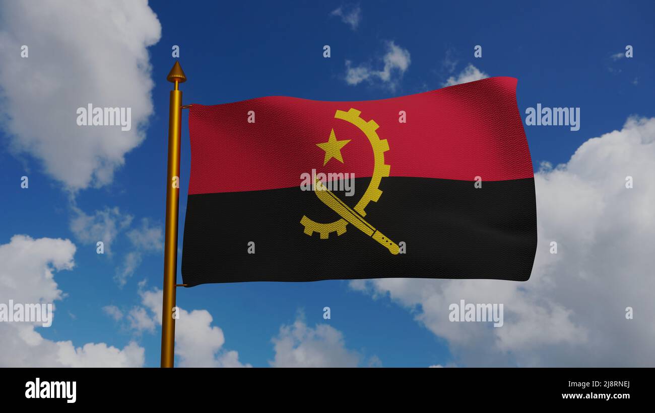 Drapeau national de l'Angola agitant 3D Render avec mât et ciel bleu, République d'Angola drapeau textile, mouvement populaire pour la libération de l'Angola Banque D'Images