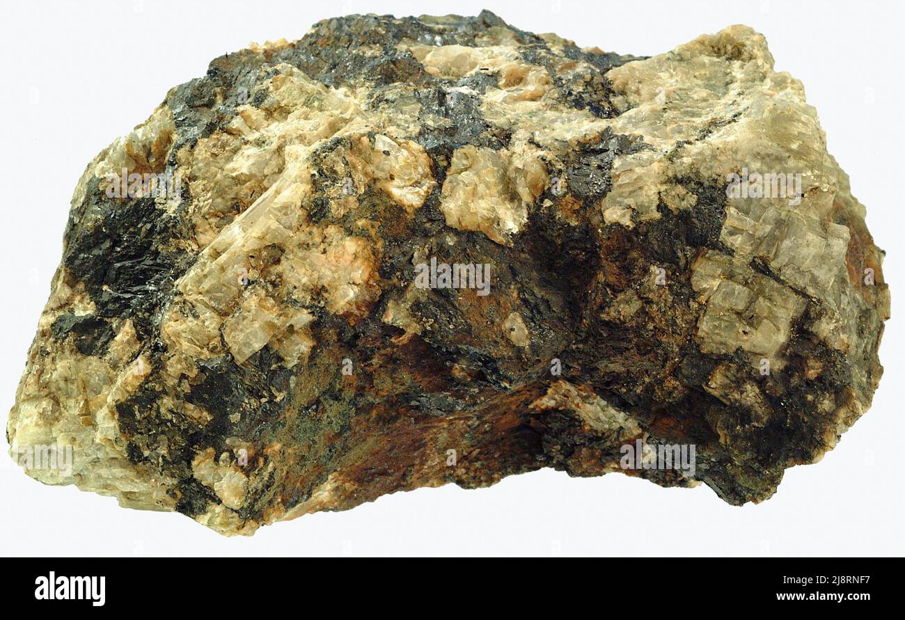 Le Franklinite et le willémite de Franklin, New Jersey, USA, le Franklinite (noir) et le willémite (blanchâtre) sont tous deux des minéraux de zinc. Le Franklinite est un oxyde de Zn-Fe et le willémite est un silicate de Zn. Les deux sont des minéraux rares, mais ils ont été trouvés en grandes quantités à Franklin, New Jersey, qu'ils étaient des minerais importants de zinc. Le dépôt à Franklin, est vraiment unique. Non seulement on y trouve de la franklinite et de la willémite, mais on trouve aussi d'autres minéraux rares, certains en très grandes quantités. Cet échantillon mesure 11 cm de large. Banque D'Images