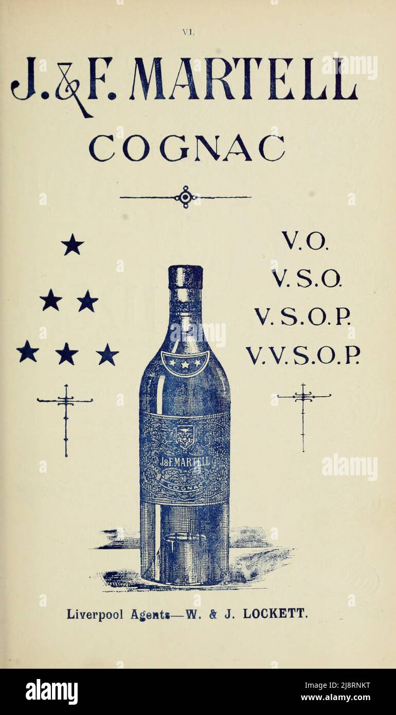 J & F martell Cognac Advertising paru dans l'édition 1895 de « Pacific Line guide to South America », qui contient des informations destinées aux voyageurs et expéditeurs des ports situés sur les côtes est et ouest de l'Amérique du Sud » Banque D'Images