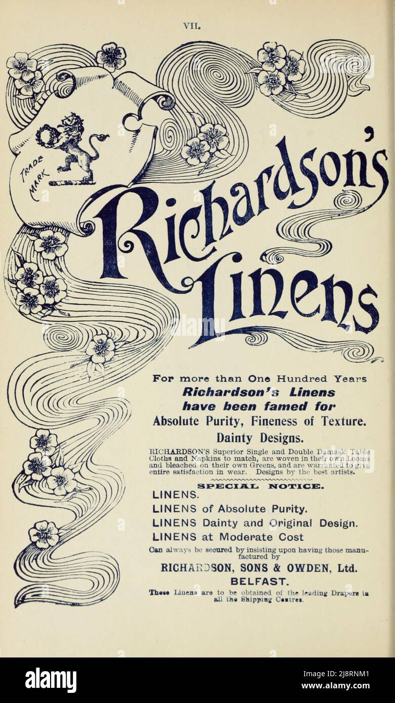 Richardson's Linens Advertising, paru dans l'édition 1895 du « Pacific Line guide to South America », qui contient des informations destinées aux voyageurs et aux expéditeurs des ports situés sur les côtes est et ouest de l'Amérique du Sud. Banque D'Images