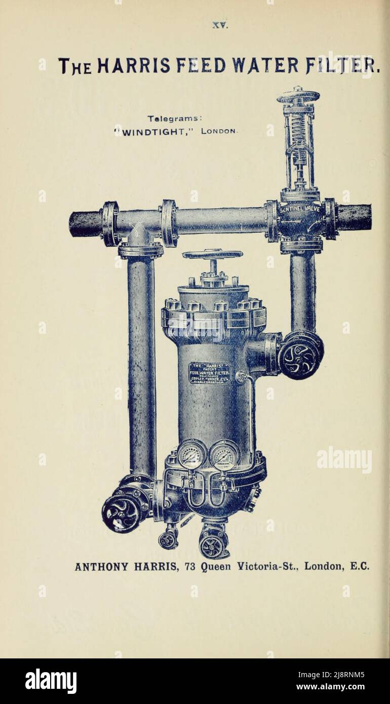 The Harris Feed Water Filter Advertising, paru dans l'édition 1895 du « Pacific Line guide to South America », qui contient des informations destinées aux voyageurs et aux expéditeurs des ports situés sur les côtes est et ouest de l'Amérique du Sud. Banque D'Images