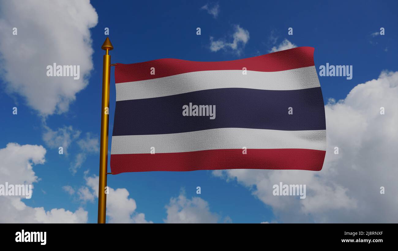 Drapeau national de la Thaïlande 3D Render avec mât et ciel bleu, Royaume de Thaïlande drapeau textile par le roi Vajiravudh, armoiries Thaïlande Banque D'Images