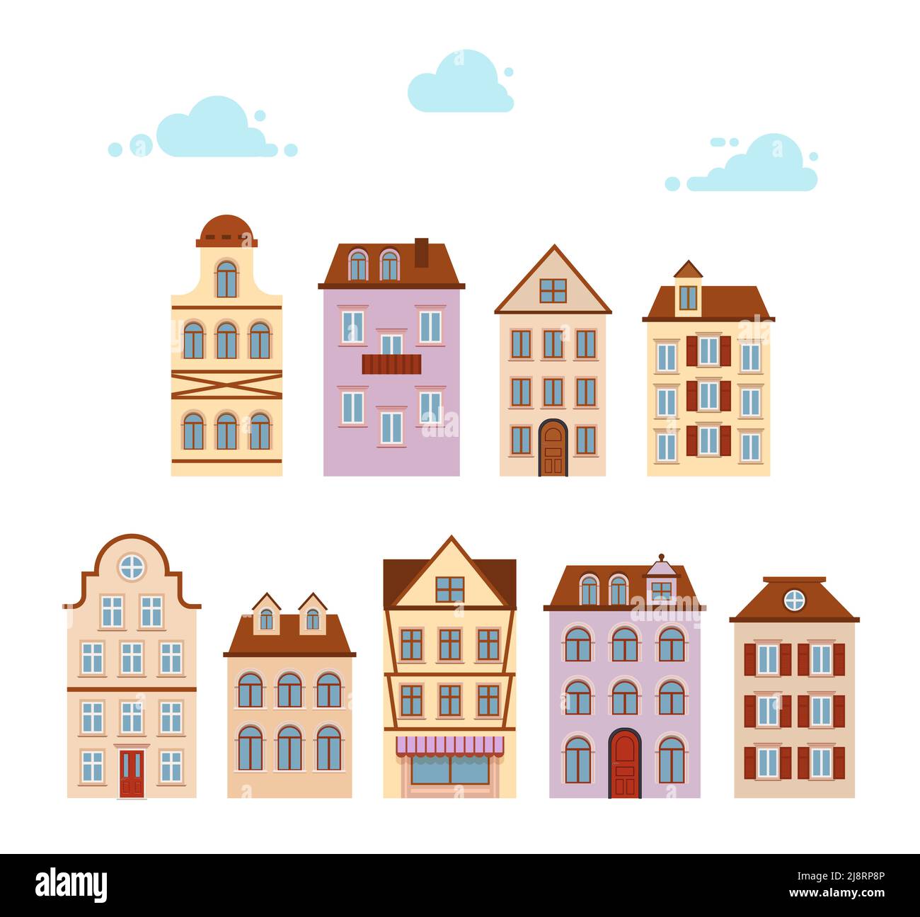 Icône définir les maisons. Vieille ville européenne de rue. Paysage urbain. Dessin animé maison rétro. Illustration de Vecteur