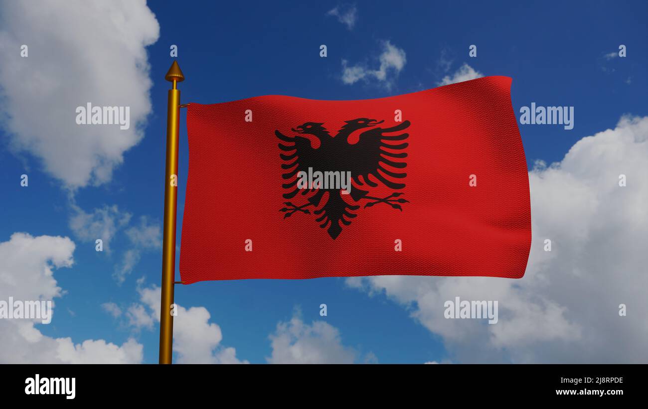 Drapeau national de l'Albanie 3D Render avec mât et ciel bleu, drapeau textile de la République d'Albanie, Flamuri Kombetar ou Flamuri i Republikes se Banque D'Images