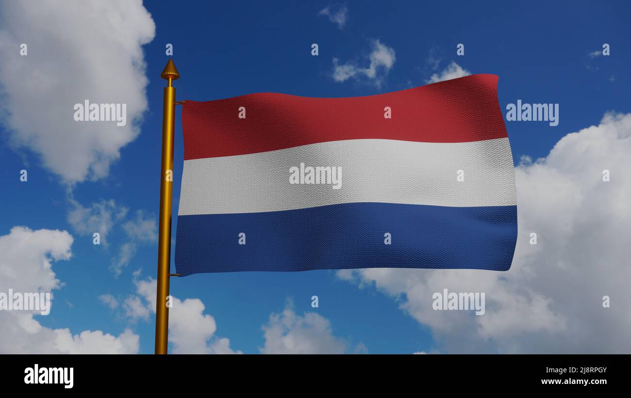 Drapeau national des pays-Bas 3D Render with flagpole and blue Sky, Holland tricolor flag, de Nederlandse vlag, Royaume des pays-Bas Banque D'Images