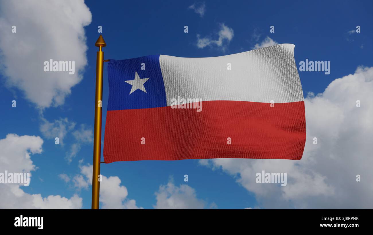 Drapeau national du Chili agitant 3D Render avec mât et ciel bleu, la Estrella Solitaria ou le Lone Star, République du Chili drapeau textile Banque D'Images